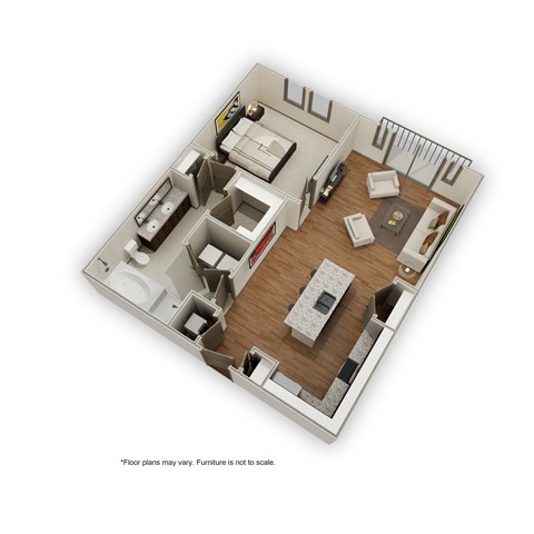 Floor plan for 1 bed, 1 bath, 840 sqft